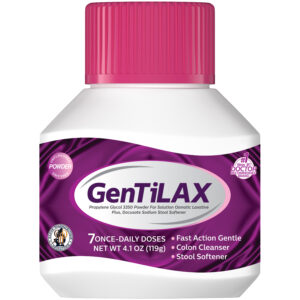 GenTiLAX powder laxative bottle with fast action, colon cleanser, and stool softener features