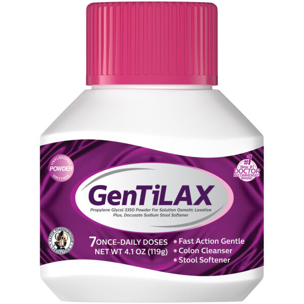GenTiLAX powder laxative bottle with fast action, colon cleanser, and stool softener features