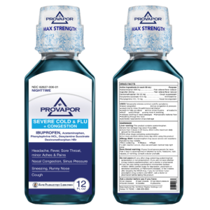 Provapor max strength severe cold and flu plus congestion medication bottle front and back labels showing drug facts and active ingredients