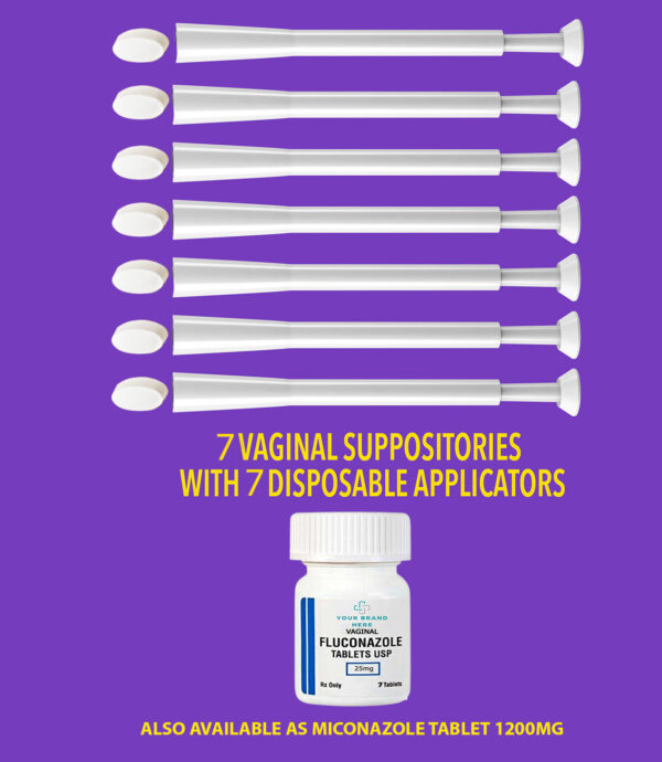 Fluconazole vaginal tablets USP 25mg with seven disposable applicators and a bottle on purple background
