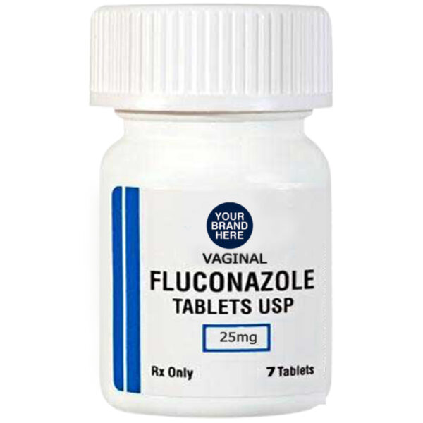 Bottle of vaginal fluconazole tablets 25mg with placeholder for brand label