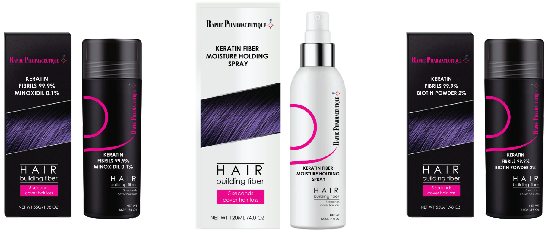 Hair building fiber products by Raphe Pharmaceutique including keratin fibrils with minoxidil, keratin fiber moisture holding spray, and keratin fibrils with biotin powder in black and white packaging