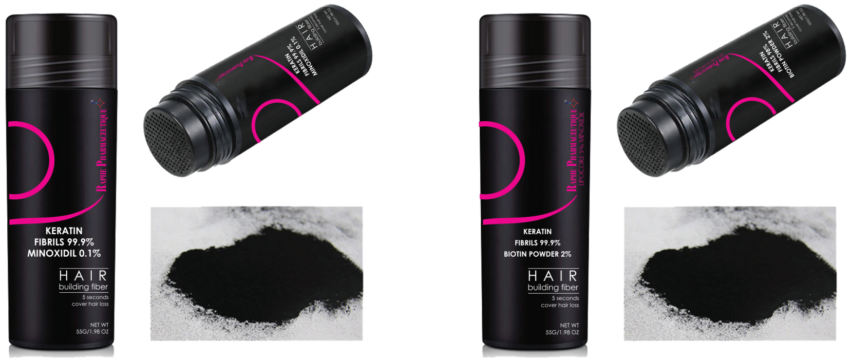 Two black cylindrical containers of hair building fiber powder labeled with keratin and minoxidil or biotin, accompanied by a close-up of black powder on white surface