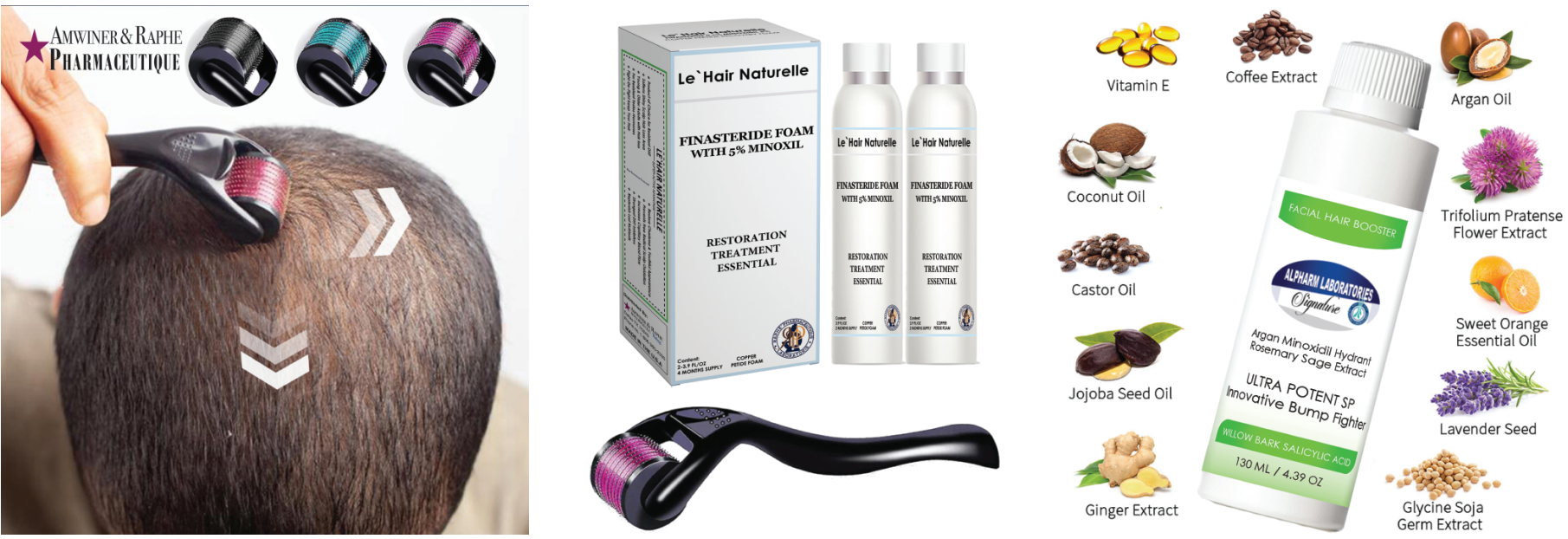 Hair regrowth treatment showing microneedling roller on scalp and finasteride foam packaging with ingredients like vitamin E, coffee extract, and argan oil