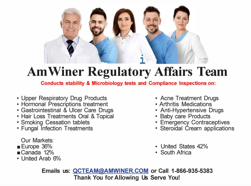 AmWiner Regulatory Affairs Team offering stability, microbiology tests, and compliance inspections for various drug products across global markets