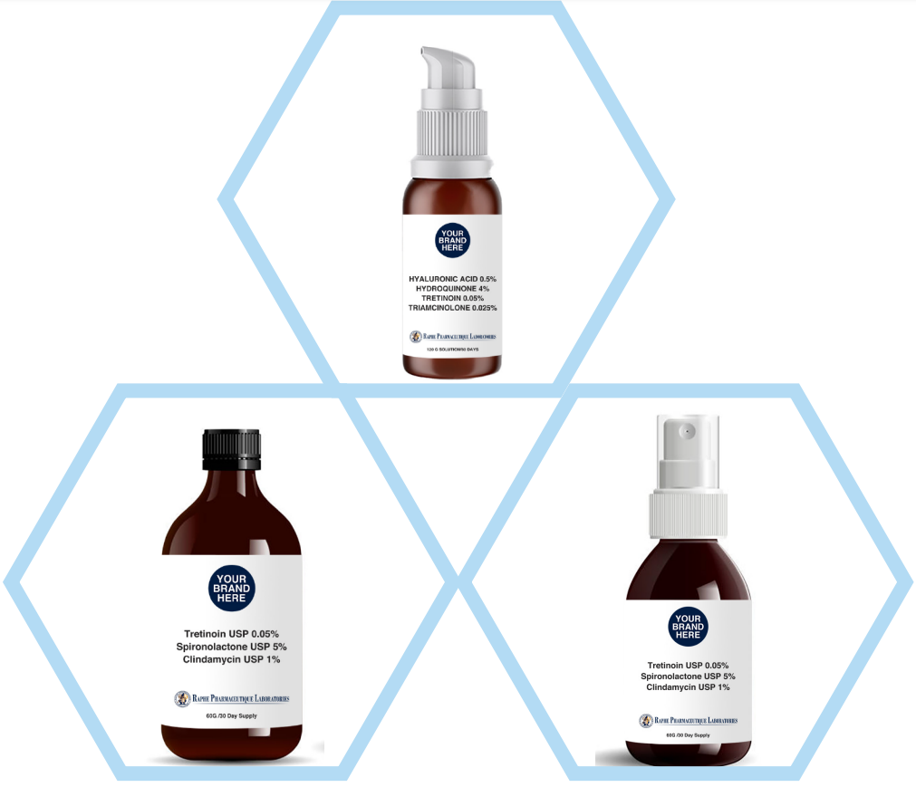 Three pharmaceutical bottles with white labels and blue text featuring ingredients like hyaluronic acid, hydroquinone, tretinoin, triamcinolone, spironolactone, and clindamycin from a generic skincare product manufacturer