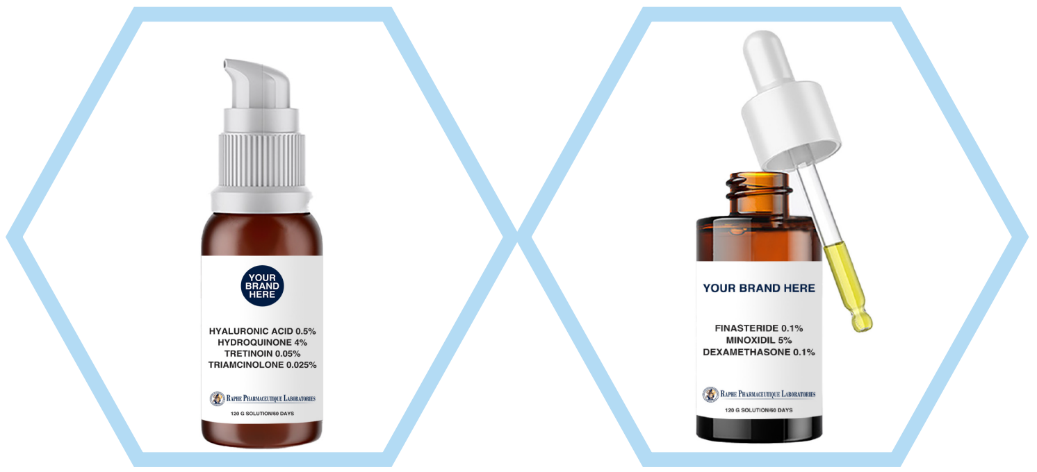 Two brown pharmaceutical bottles including one pump bottle labeled hyaluronic acid, hydroquinone, tretinoin, and triamcinolone and one dropper bottle labeled finasteride, minoxidil, and dexamethasone, both branded for custom pharmaceutical manufacturing