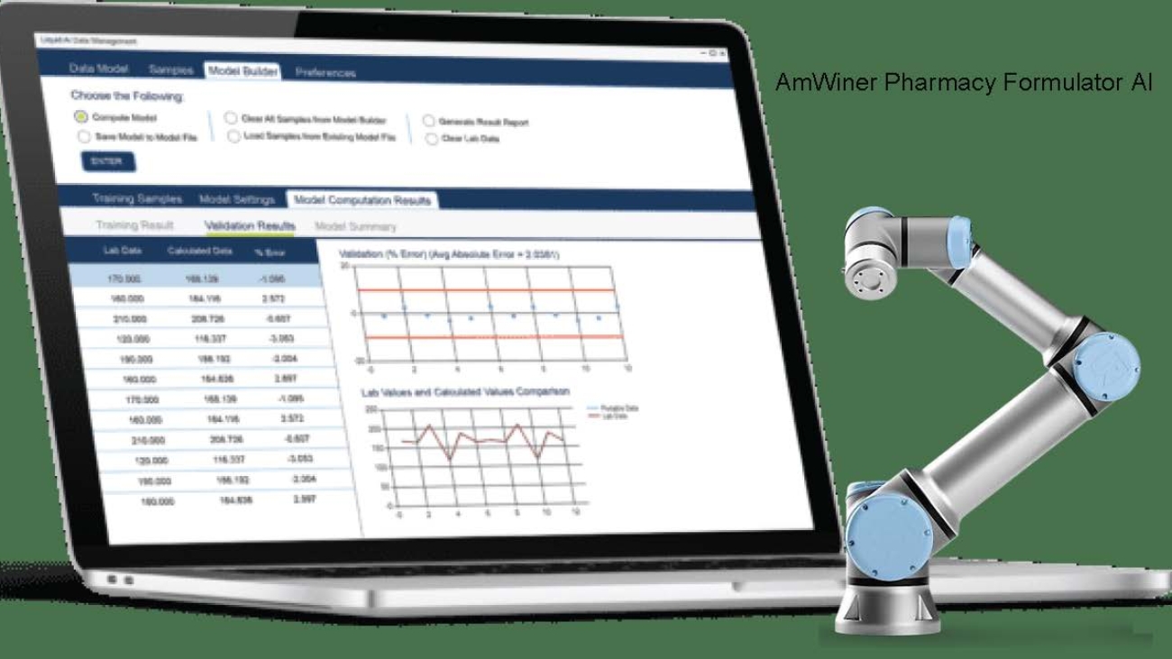 Laptop screen displaying AmWiner Pharmacy Formulator AI software with robotic arm on the side