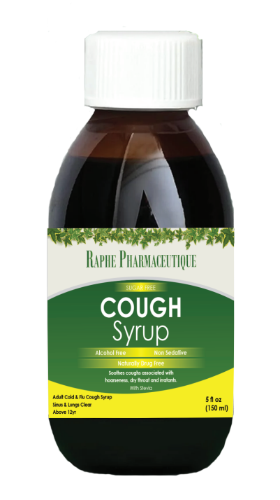 Raphe Pharmaceutique sugar-free cough syrup bottle with alcohol-free and non-sedative labels