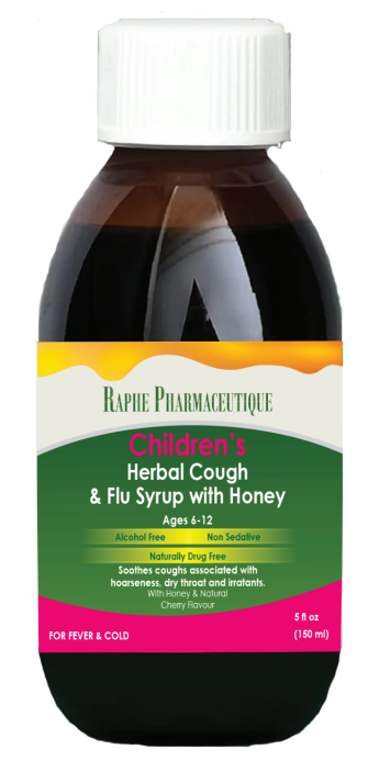 Bottle of Children's Herbal Cough & Flu Syrup with Honey for ages 6-12, alcohol free and non-sedative, with cherry flavor