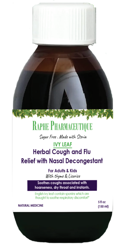 Raphe Pharmaceutique Ivy Leaf herbal cough and flu relief syrup with nasal decongestant in a 150 ml bottle