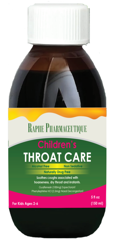 Children's Throat Care syrup bottle for ages 2-6 by Raphe Pharmaceutique, alcohol free and non sedative