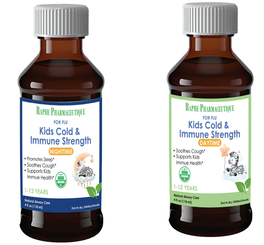 Bottles of Raphe Pharmaceutique Kids Cold & Immune Strength syrup, one for nighttime with sleep-promoting label, one for daytime with immune support, both USDA Organic for ages 1-12 years