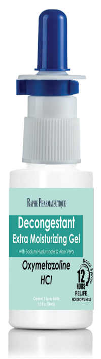 Decongestant extra moisturizing gel with Oxymetazoline HCl by Raphe Pharmaceutique in a white spray bottle