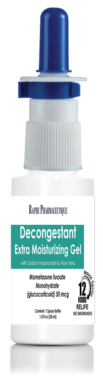 Decongestant extra moisturizing gel nasal spray bottle by Raphe Pharmaceutique with 12 hours relief and no drowsiness