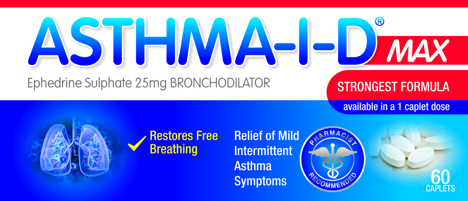 Asthma-I-D Max bronchodilator packaging showing 25mg ephedrine sulphate with relief claims and 60 caplets.