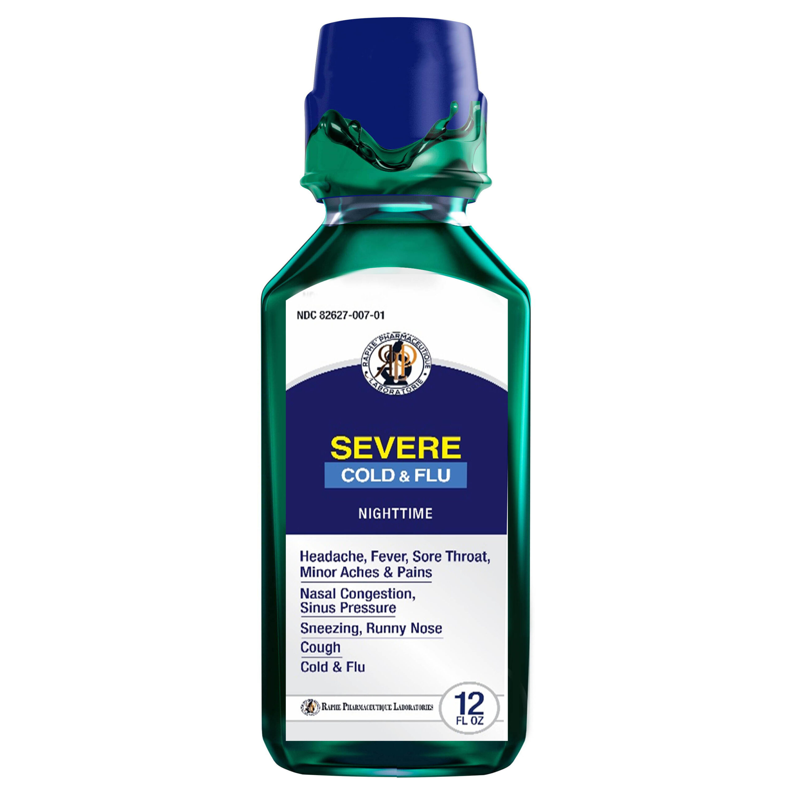 Bottle of severe cold and flu nighttime medicine with relief for headache, fever, sore throat, nasal congestion, and cough