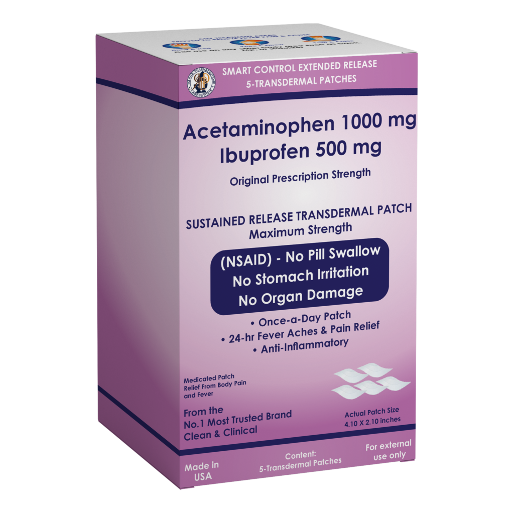 Box of acetaminophen 1000 mg and ibuprofen 500 mg sustained release transdermal patches for pain relief and anti-inflammatory use