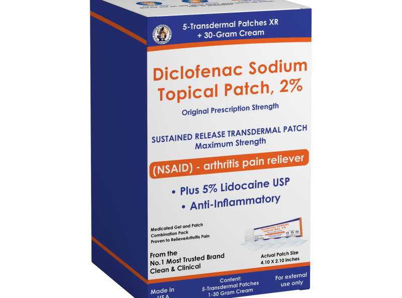 Packaging of Diclofenac Sodium Topical Patch 2% with 5 transdermal patches and 30-gram cream for arthritis pain relief