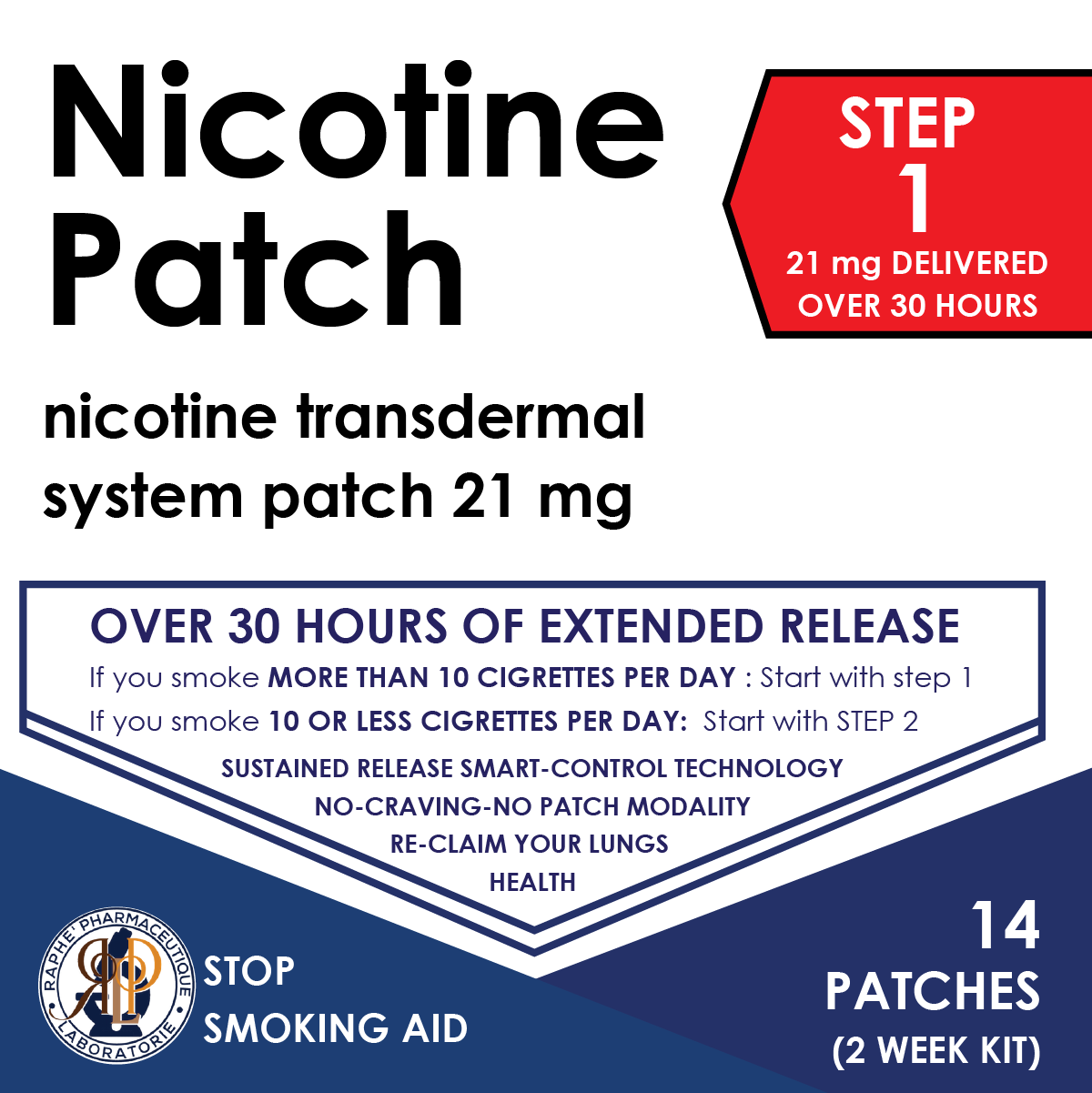 Nicotine transdermal patch packaging for 21 mg dose with 14 patches, smoking cessation aid manufacturer label