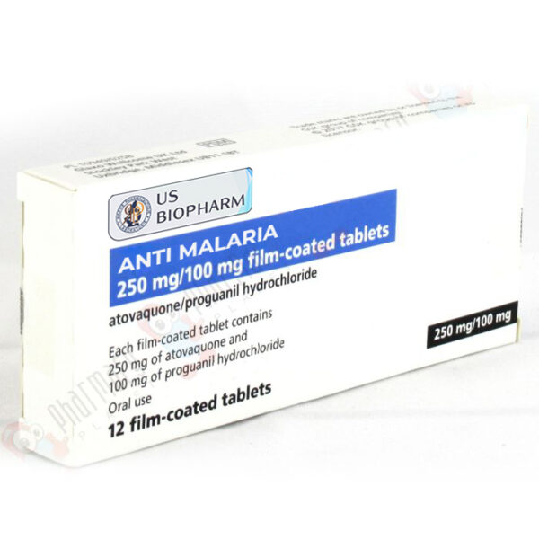 Anti Malaria 250 mg/100 mg film-coated tablets packaging by US Biopharm manufacturer