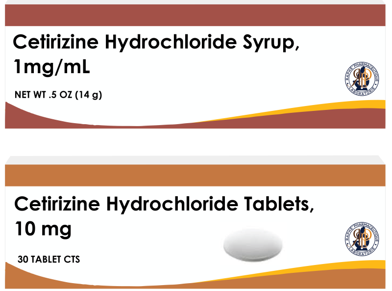 Packaging of Cetirizine Hydrochloride Syrup 1mg/mL and Tablets 10mg with laboratory logo