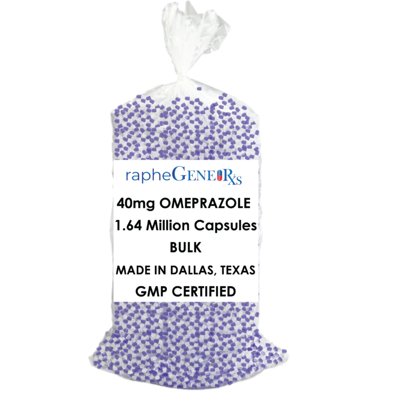 Bulk 40mg Omeprazole capsules packaging by Kirkland OTC manufacturer, GMP certified, made in Dallas Texas