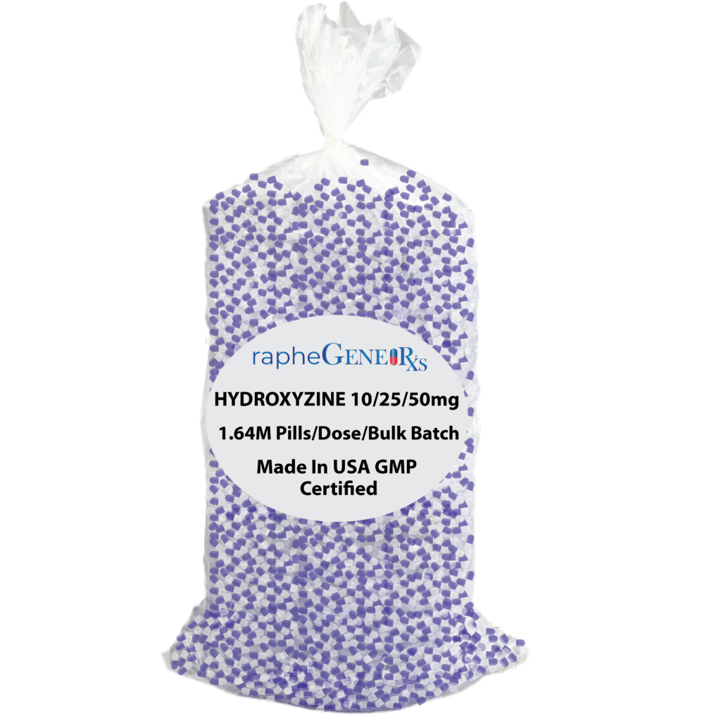 Hydroxyzine bulk batch pills bag from rapheGENEORxs USA GMP certified manufacturer