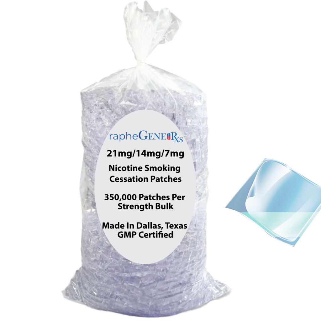Bulk bag of nicotine smoking cessation patches packaging from a certified manufacturer in Dallas, Texas