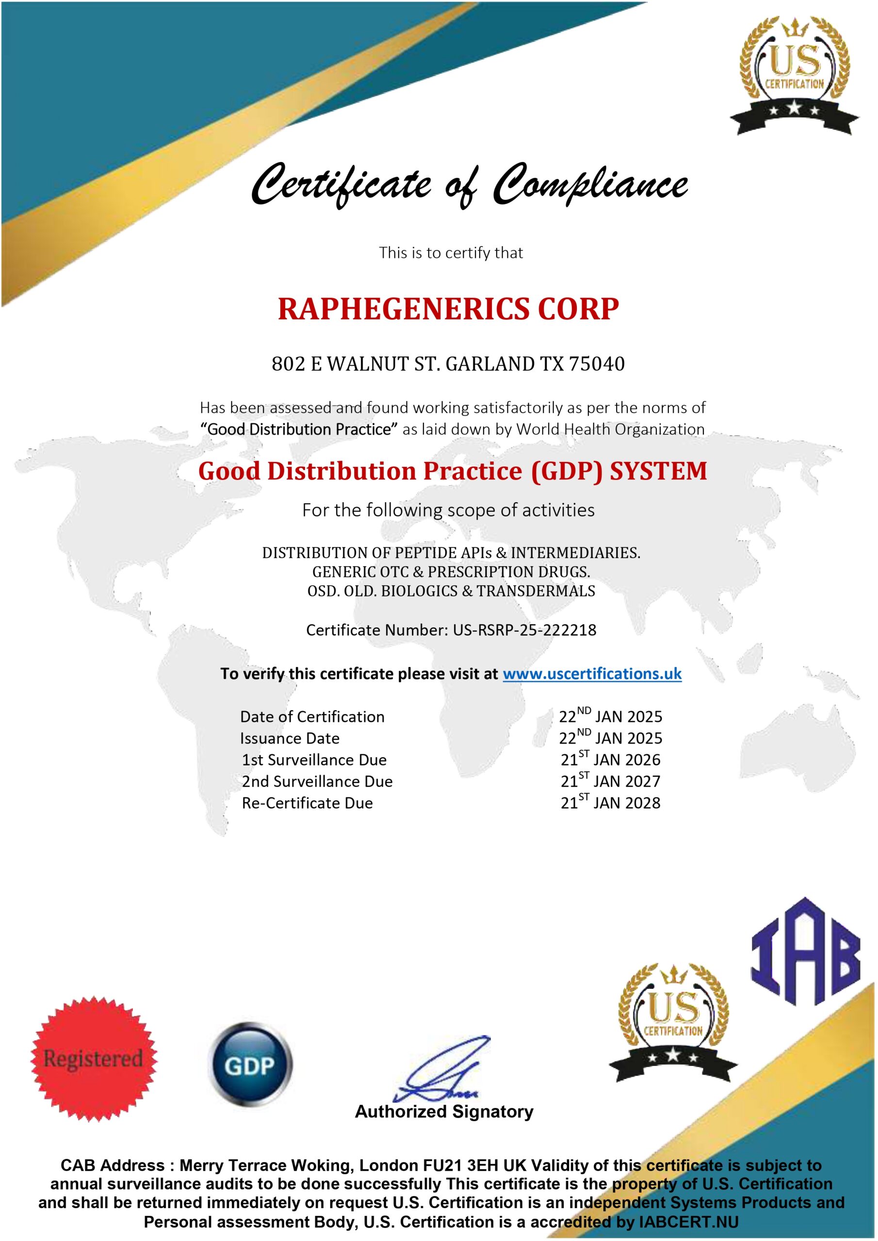 Certificate of Compliance for RAPHEGENERICS CORP as a Good Distribution Practice (GDP) system for peptide APIs and generic drugs distribution