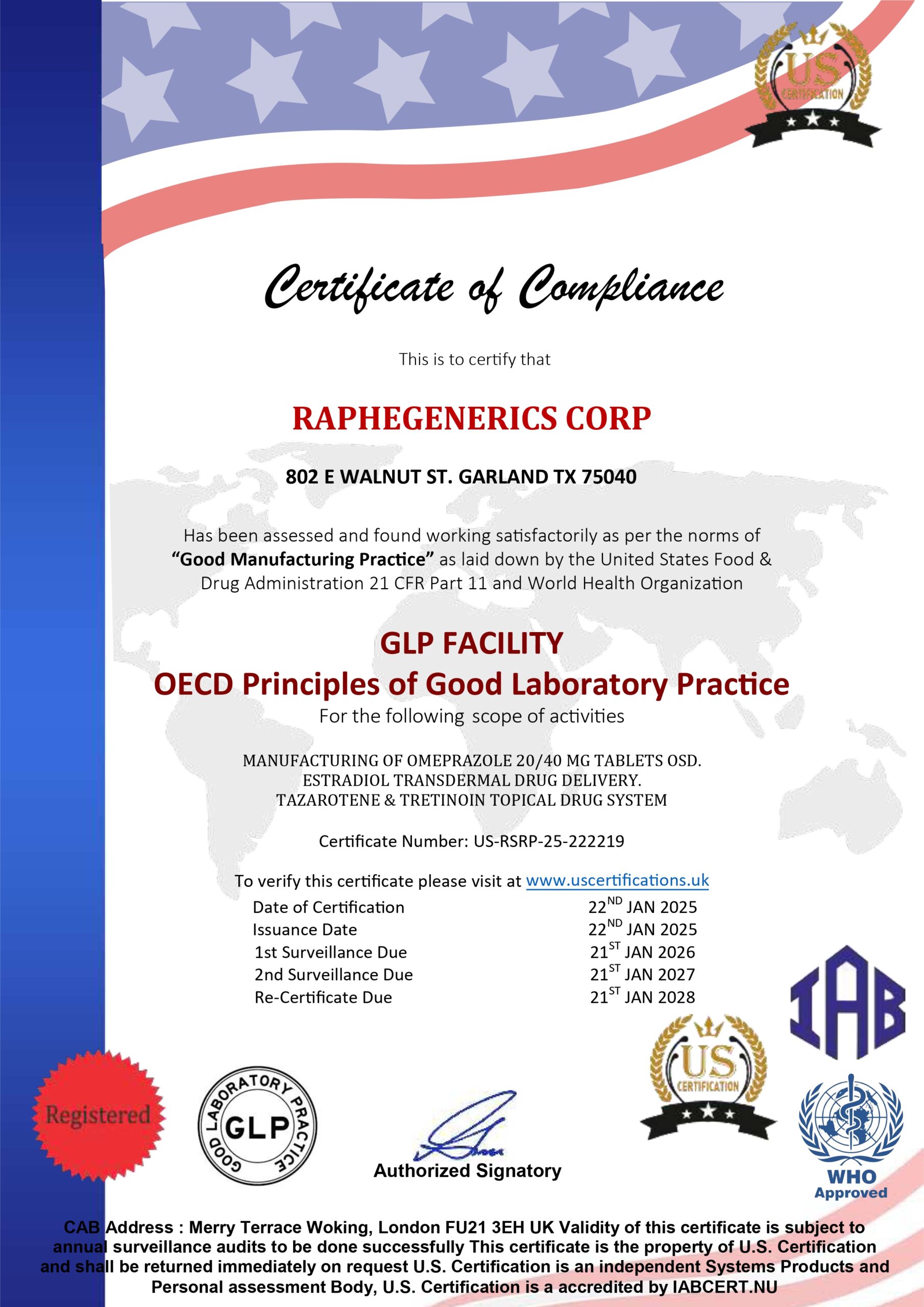 Certificate of compliance for Raphegenerics Corp, a GLP facility manufacturing omeprazole tablets and topical drug delivery systems under OECD good laboratory practice guidelines