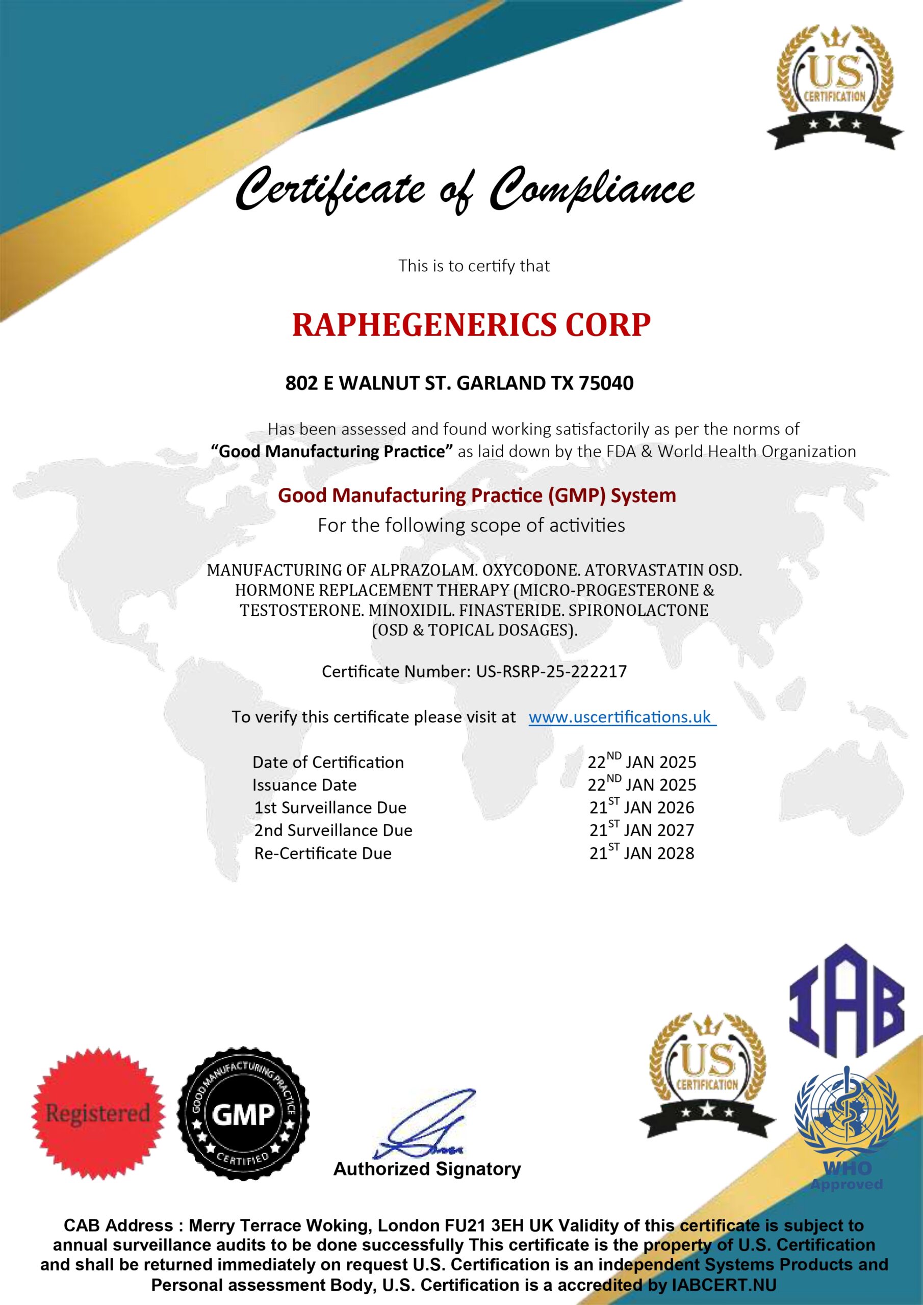 GMP certificate of compliance for Raphegenerics Corp manufacturing pharmaceuticals including alprazolam and minoxidil