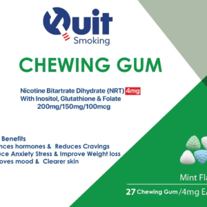 Chewing gum packaging for Quit Smoking manufacturer featuring Nicotine Bitartrate.