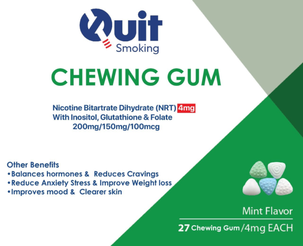 Chewing gum packaging for Quit Smoking manufacturer featuring Nicotine Bitartrate.