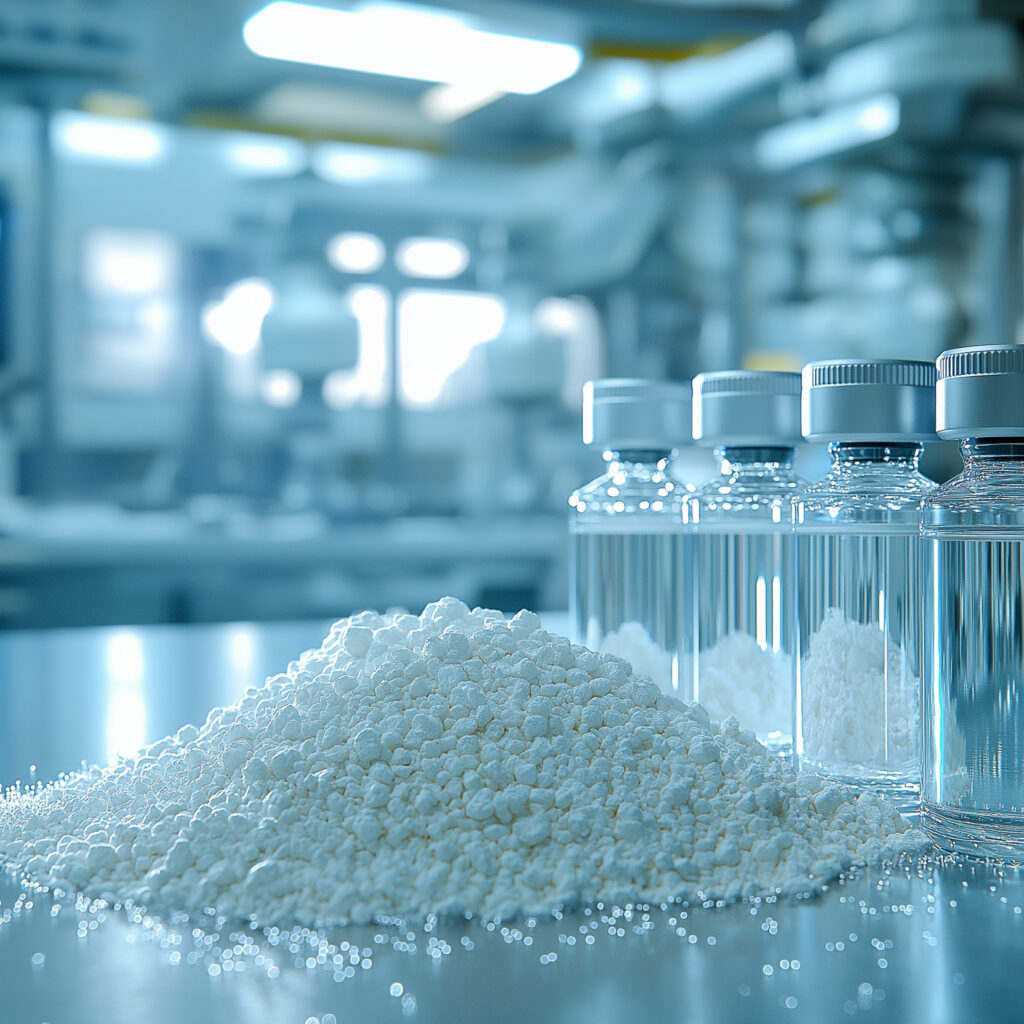 Product image of tirzepatide manufacturer vials with powdered substance in a laboratory setting.