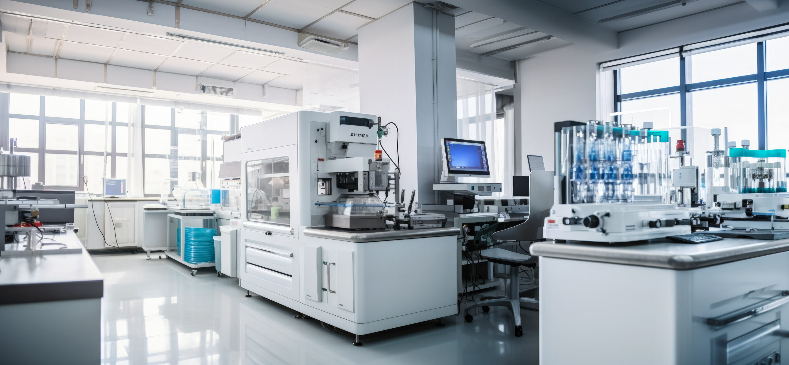 Laboratory equipment in a cleanroom setting for peptide manufacturing.