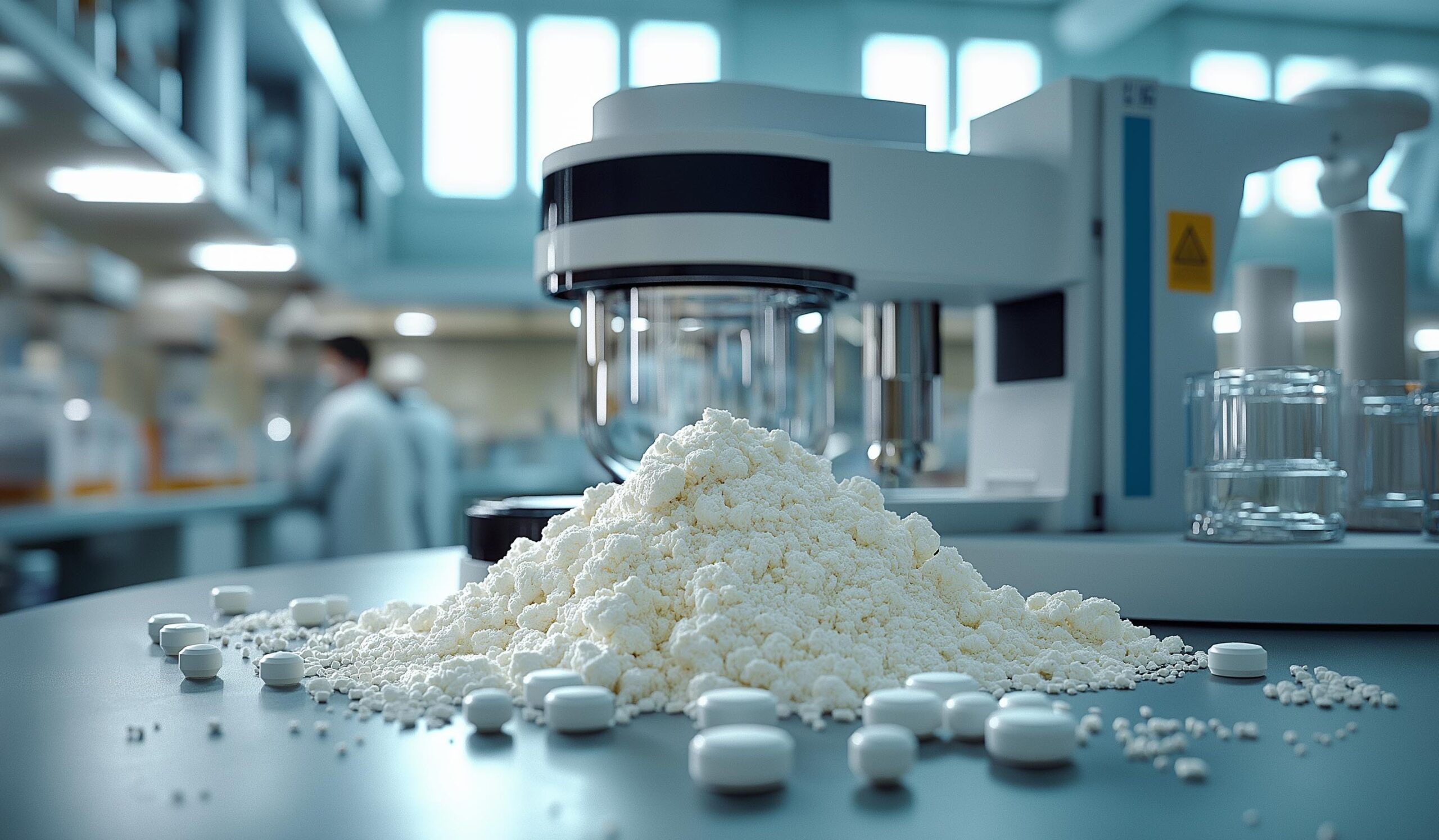 Image of a laboratory scene featuring a pile of white powder and tablets, indicative of pharmaceutical production. 

Alt text: Pharmaceutical manufacturing process with powder and tablets from a Tirzepatide manufacturer.