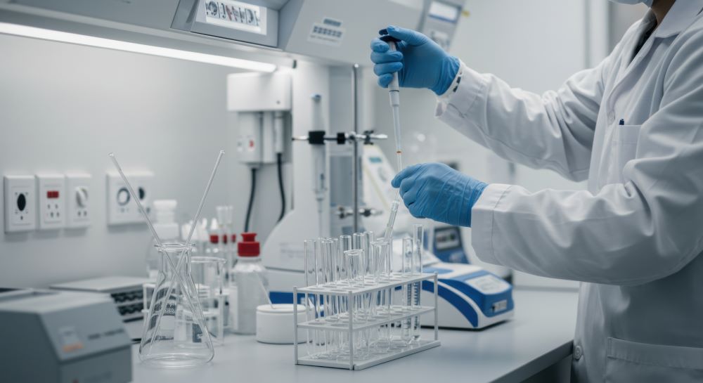 Laboratory technician conducting experiments with pipettes and glassware for peptide synthesis manufacturer.
