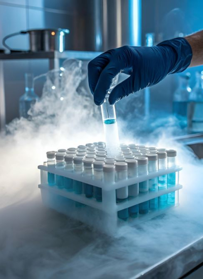 Laboratory setting with a hand placing a vial into a rack, surrounded by dry ice vapor, for peptide manufacturing processes.