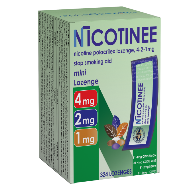 Nicotine polacrilex lozenge stop smoking aid box with 4mg, 2mg, and 1mg dosages by nicotine pouch manufacturing company