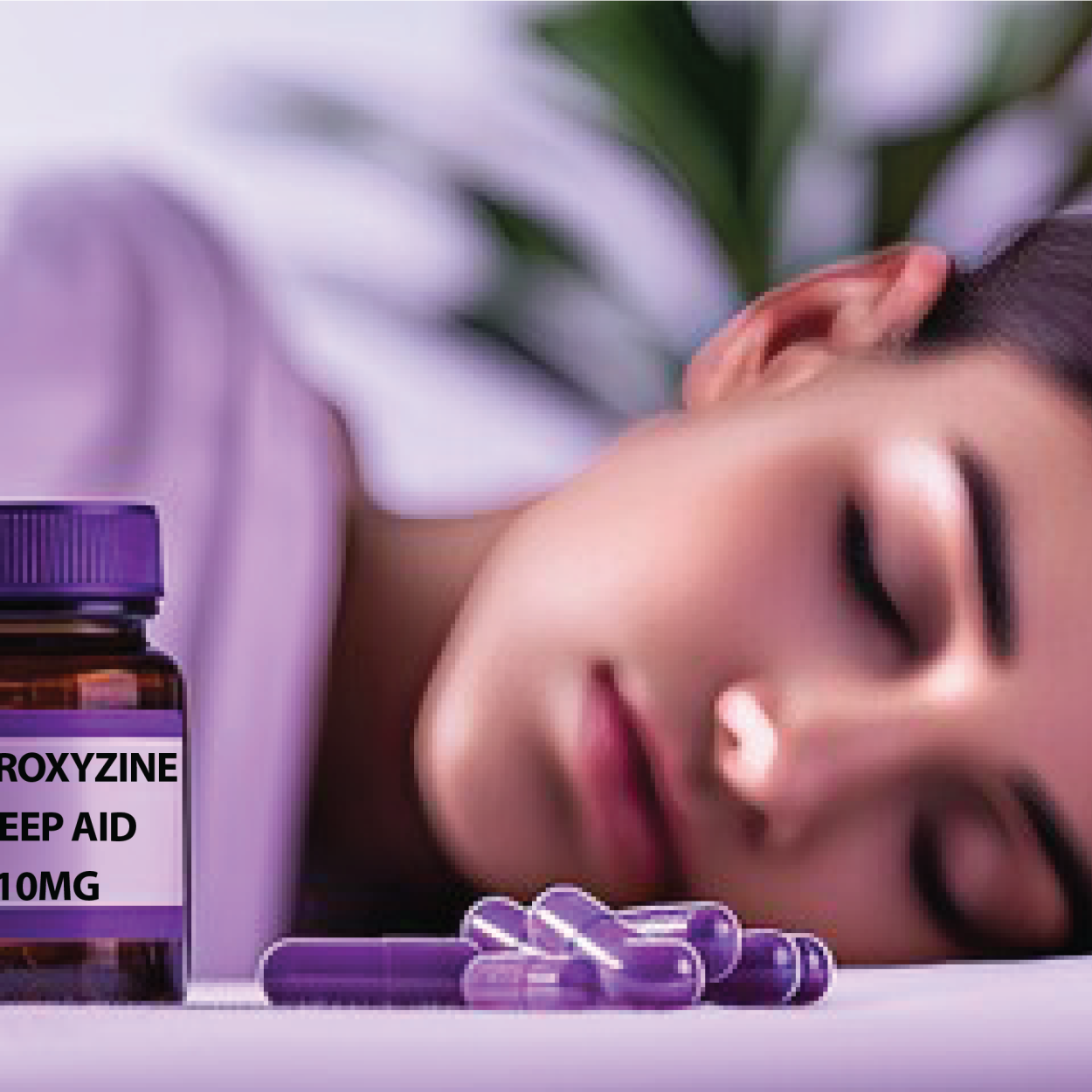 Hydroxyzine sleep aid 10mg manufacturer bottle with capsules beside a sleeping woman